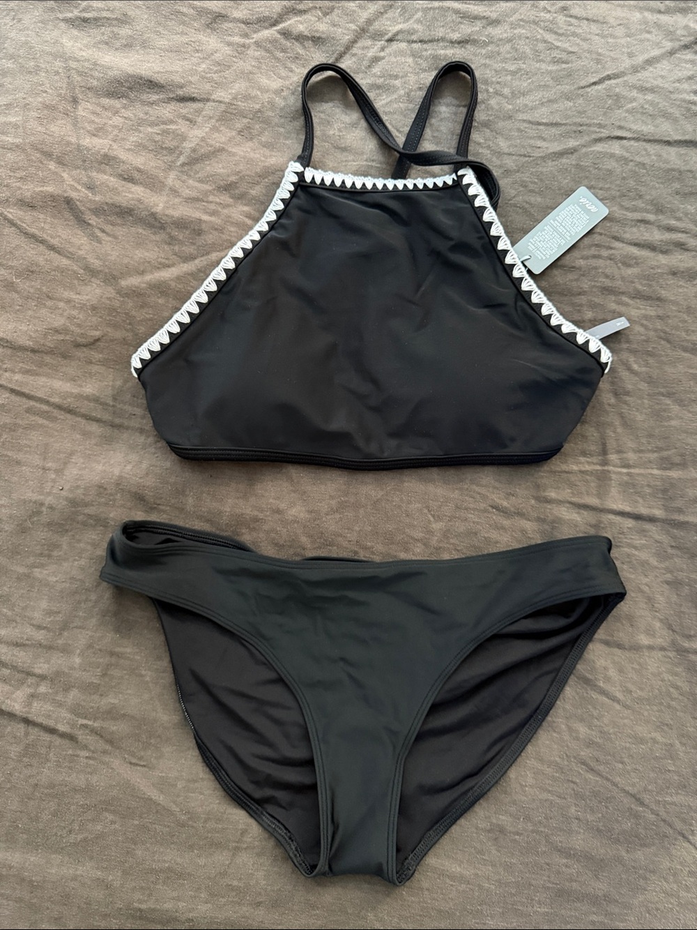 aerie Black Bikini Set with White Trim - High Neck Top Sz M & Bottoms Sz L